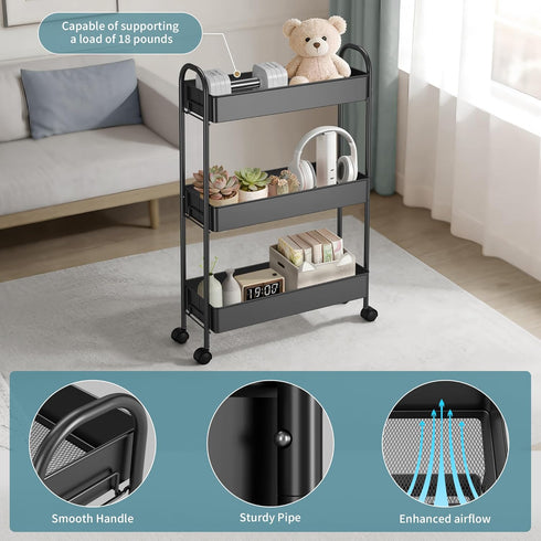 ZXICEU 3-Tier Slim Rolling Cart, Metal Frame Utility Rolling Narrow Storage Cart with Handle Kitchen Storage Organizer