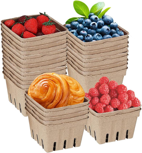 Naqqios 30pcs Produce Baskets Farmers Market - Thick Fruit Containers | Stackable Pulp Fiber Berry Basket