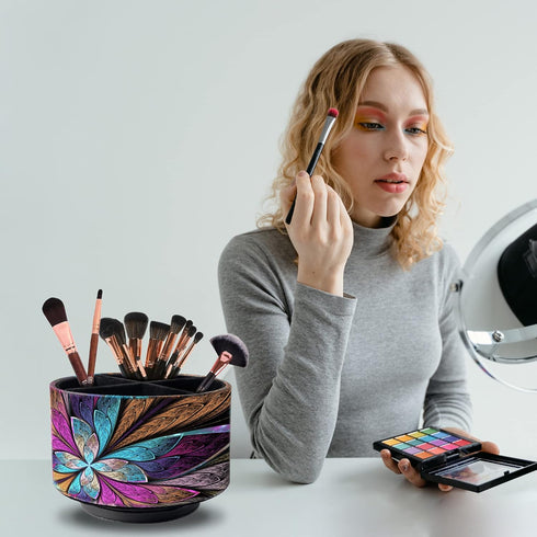 Round Leather Remote Control Holder, PU Leather Art Supply Organizer for Makeup, 4 Compartments, 360 Degree Spinning