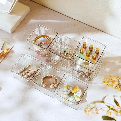 Hudgan 24 PCS Clear Plastic Drawer Organizer Set, Stackable Square Vanity Organizers for Makeup, Bathroom, Office Desk