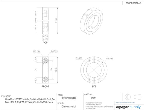 H2C-125 Black Oxide Finish Steel Shaft Collar, Two Piece, 1-1/4" ID, 2-1/4" OD, 1/2" Width