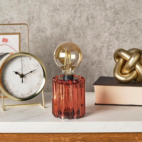 Bulb 9 Inch Elements Pink Glass LED Lantern Decorative Lighted Table lamp with Textured Pink Glass, Battery Operated;