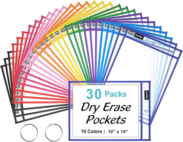SUNEE 30 Packs Oversized Reusable Dry Erase Pocket Sleeves, 10 Assorted Colors, Clear Plastic Sheet Protectors