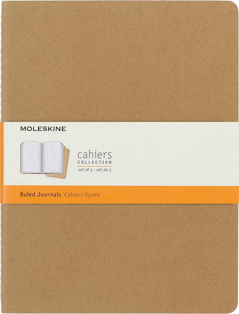 Moleskine Cahier Journal, Soft Cover, XL (7.5" x 9.5") Ruled, Kraft Brown, 120 Pages (Set of 3)