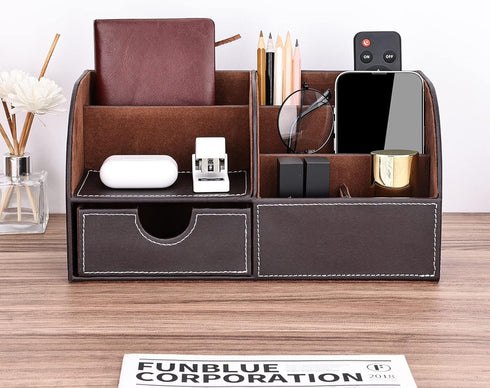 KINGFOM PU Leather Desk Organizer, Pen Pencil Holder Caddy Storage Box with Drawer, 6 Compartments (Brown)