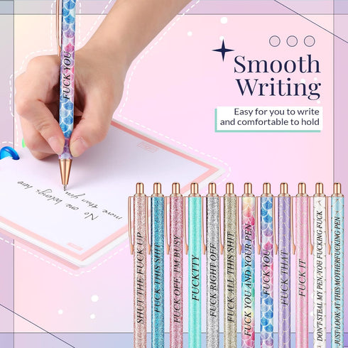 Glenmal 12 Pieces Glitter Swear Word Ballpoint Pens, Funny Negative Pens for Adults, Office Supplies