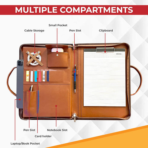 FUNTACY Premium Leather Portfolio with Handles, Slim Padfolio with Multiple Compartments for Documents, iPad, Notebook