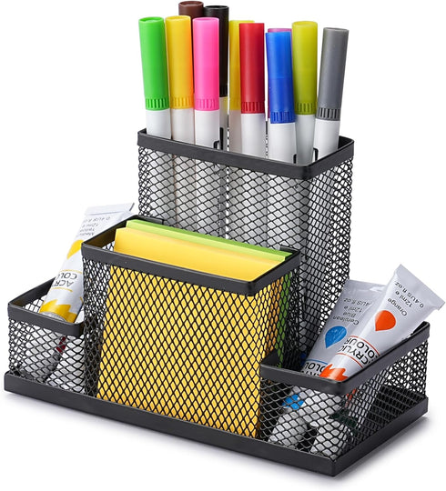 Huron Pen Holder and Desk Organizer, 4 Compartment Black Steel Mesh