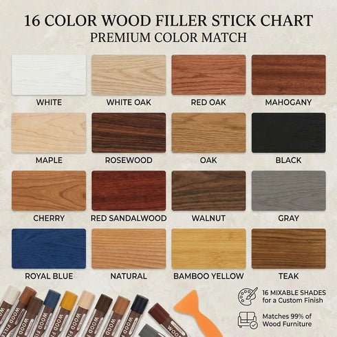 Sticks,16 Lifreer Wood Filler Colors Wood Crayons for Scratches, Scuffs, Cracks, Stains and Holes, Furniture Wax