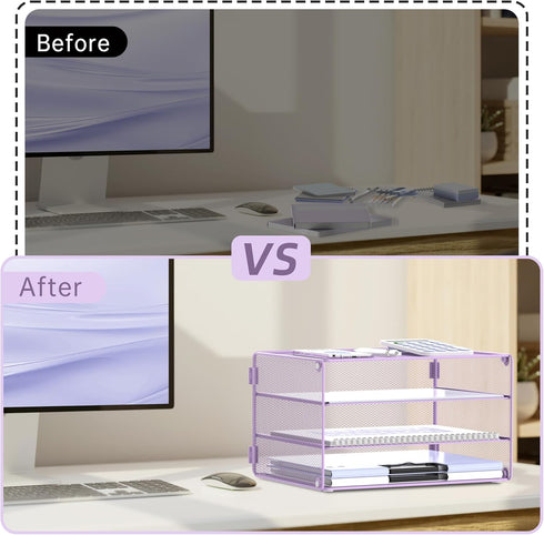 DALTACK 3 Tier Mesh Metal Letter Tray Paper Organizer for Home & Office, Light Purple