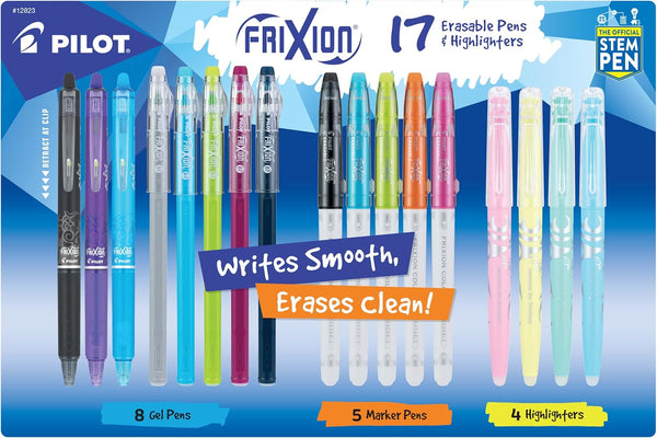 Pilot FriXion Assorted Pack of 17 Erasable Gel Ink Pens, Marker Pens & Highlighters, Assorted Colors