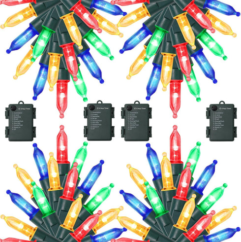 WATERGLIDE 4 Pack 50LED Outdoor Christmas Lights, 16FT Battery Operated Mini String