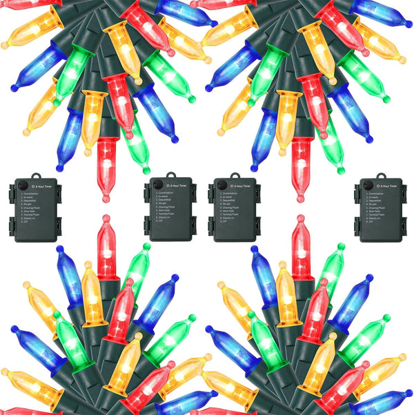 WATERGLIDE 4 Pack 50LED Outdoor Christmas Lights, 16FT Battery Operated Mini String
