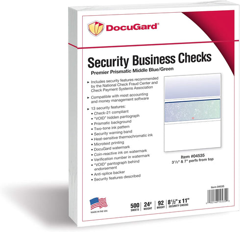DocuGard Blue/Green Prismatic Middle Check - 8.5 x 11 Inches, 24 lb, 500 Sheets, 1 Check Per Sheet