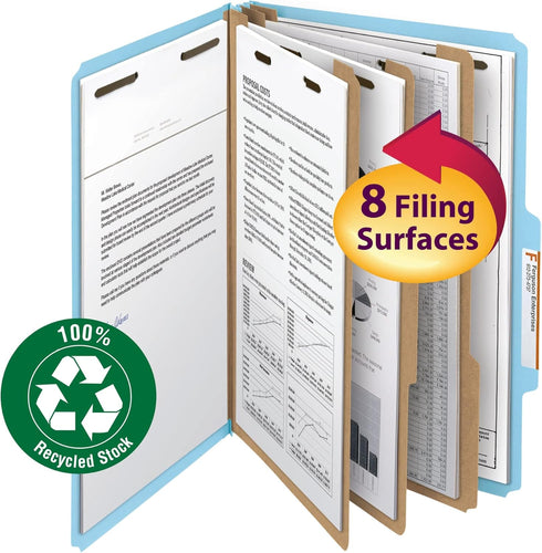 Smead 100% Recycled Pressboard Classification File Folder, Legal Size, 3 Dividers, 3" Expansion, Blue, 10 per Box