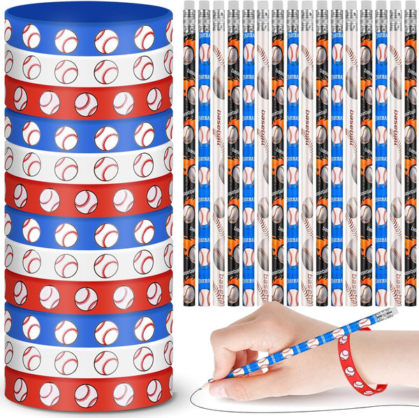 Sabary 48 Pcs Sports Pencils Set, Silicone Bracelets, Soccer, Football, Basketball, Baseball, Birthday Gifts
