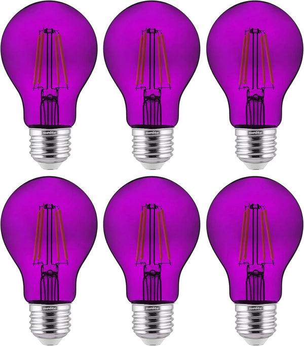 6 Count Sunlite LED Colored Filament A19 Light Bulb, 4.5 Watts, Medium E26 Base, Transparent Purple, Dimmable, UL Listed