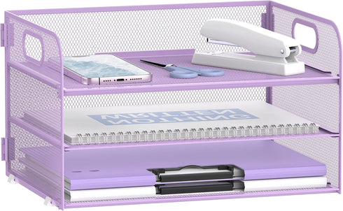 Daltack 3-Tier Paper Organizer with Handle - Mesh Desk Letter Tray for A4 File Folder, Purple