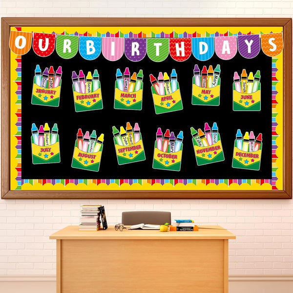 Birthday Bulletin Board Classroom Decorations for Wall, Colorful Crayon Box Cutouts, Name Tags, Teacher Supplies