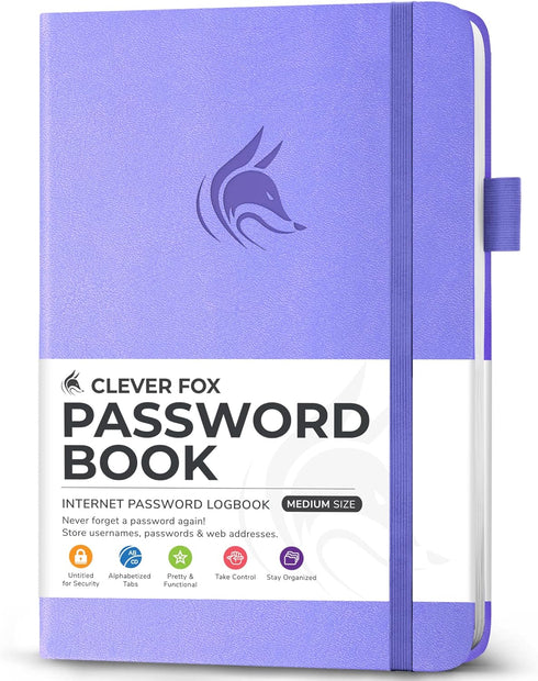 Clever Fox Password Book - Medium Internet Address Organizer Logbook with Alphabetical Tabs (Lavender)