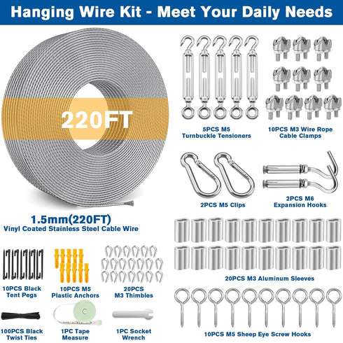 220FT 1/16" 304 Wire Rope Kit - String Light Hanging Kit Vinyl Coated Stainless Steel Cable with Turnbuckles for String