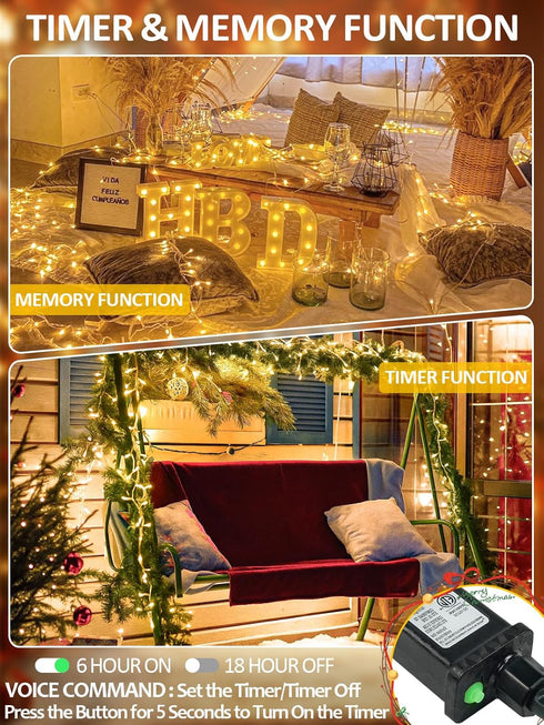 66Ft 200 Dimmable 12Modes Smart String Lights With Voice Control Indoor Outdoor, Clear Wire LED Christmas Lights