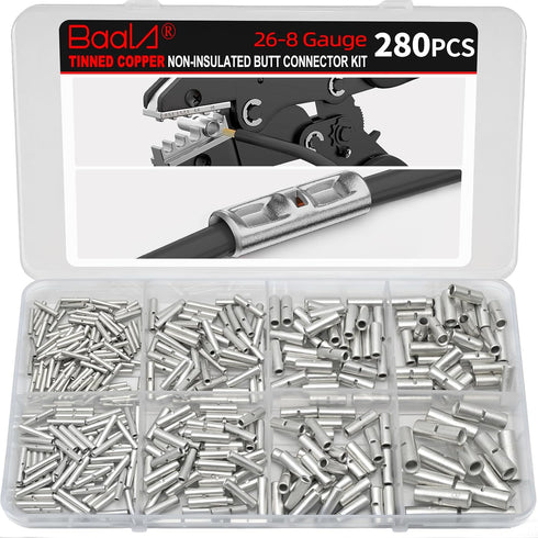 BAALA 280 PCS Non Insulated Butt Connectors Kit, 26-8 Gauge Butt Splice