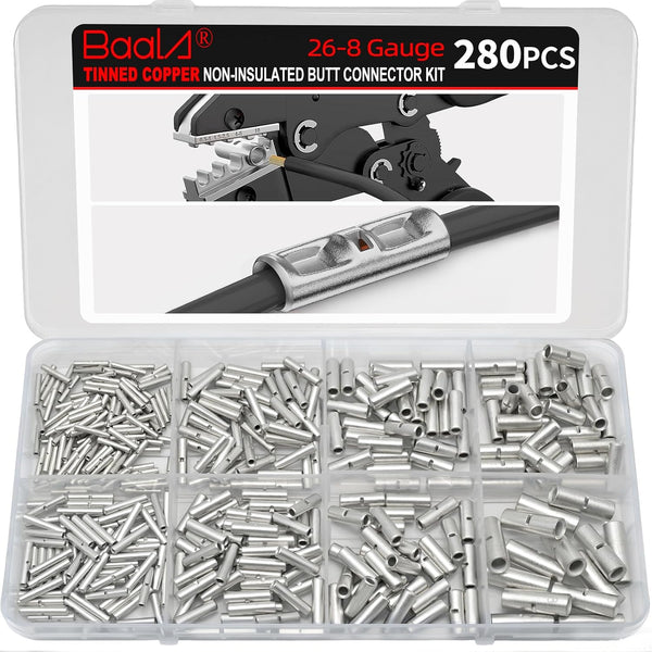 BAALA 280 PCS Non Insulated Butt Connectors Kit, 26-8 Gauge Butt Splice