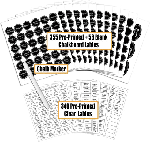 SWOMMOLY 771 Set Printed Spice Jar Labels with Extra Write-on Labels, Pantry Stickers and Chalk Marker Pen. Chalkboard