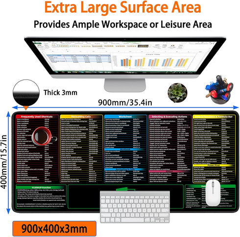 Excel Shortcuts Mouse Pad, Extended Large XXL (35.4x15.7x0.12in) Cheat Sheet, Waterproof Non-Slip Rubber Base for Gaming