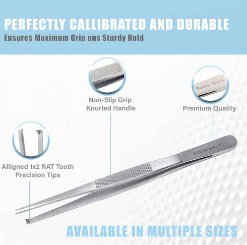Dissecting Tissue Thumb Forceps Tweezers 6" (15.24 cm), Blunt 1x2 Rat Tooth Straight Stainless Steel by A2Z SCILAB