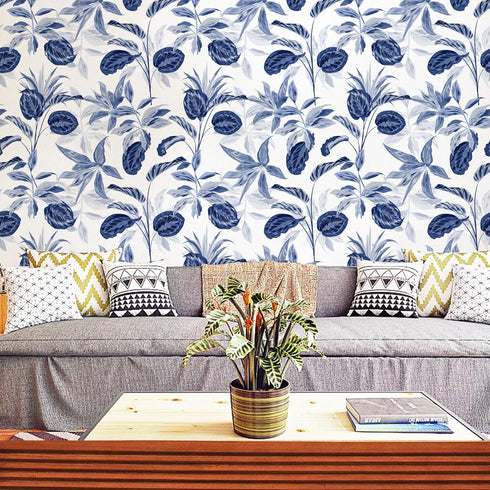 Palm Tree Leaf Navy Blue and White Floral Wallpaper Peel and Stick Tropical Wallpaper Jungle Contact Wall Paper Leaves Flower Watercolor Bathroom Removable Wallpaper 17.7in x 6.6ft by BaoHArtHome