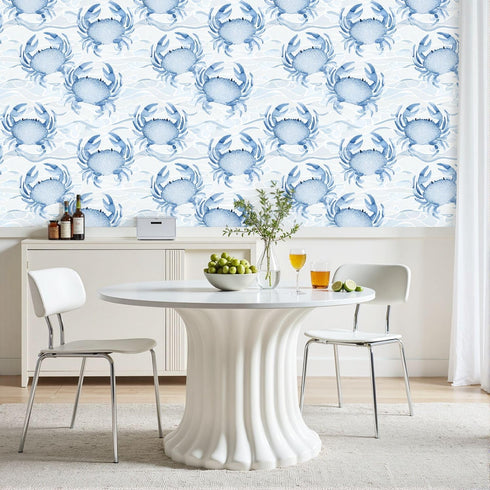 Kanworse 17.7"x394" Peel and Stick Wallpaper Blue Crab Watercolor Soft Waves Delicate Details Contact Paper Removable