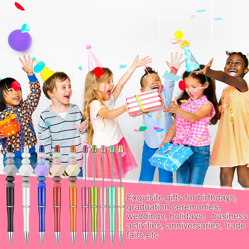 Kosiz 100 Pieces Plastic Beadable Pens - Black Ink Ballpoint Pens with 100 Refills for DIY Gifts for Kids and Students
