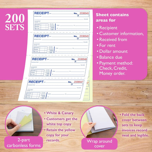 BAZIC PRODUCTS 200 Sets 7 5/8" 10 7/8" 2-Part (200 Sets/Pk), 4-Packs Cash Money or Rent Spiral Bound Receipt Book, x