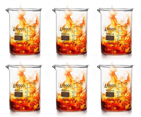 EISCO 6PK Beakers, 400ml - Griffin Style, Low Form with Spout, Borosilicate 3.3 Glass