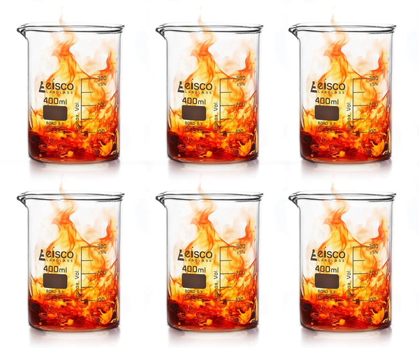 EISCO 6PK Beakers, 400ml - Griffin Style, Low Form with Spout, Borosilicate 3.3 Glass