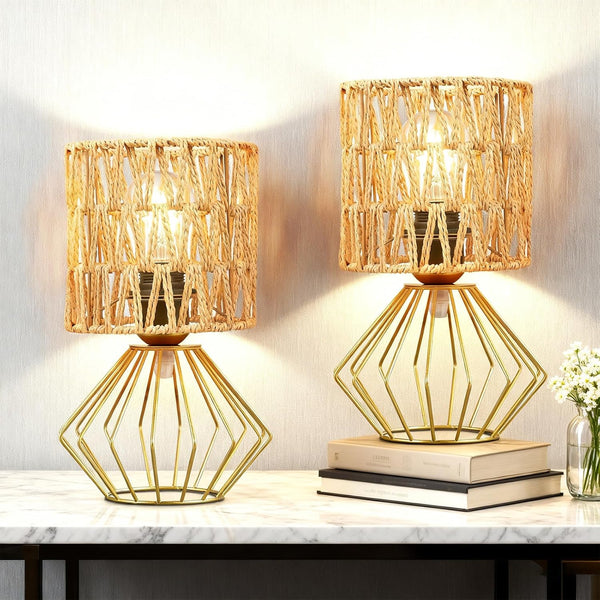 Hamilyeah Gold Table Lamps Set of 2, Boho Rattan Bedside Lamps with