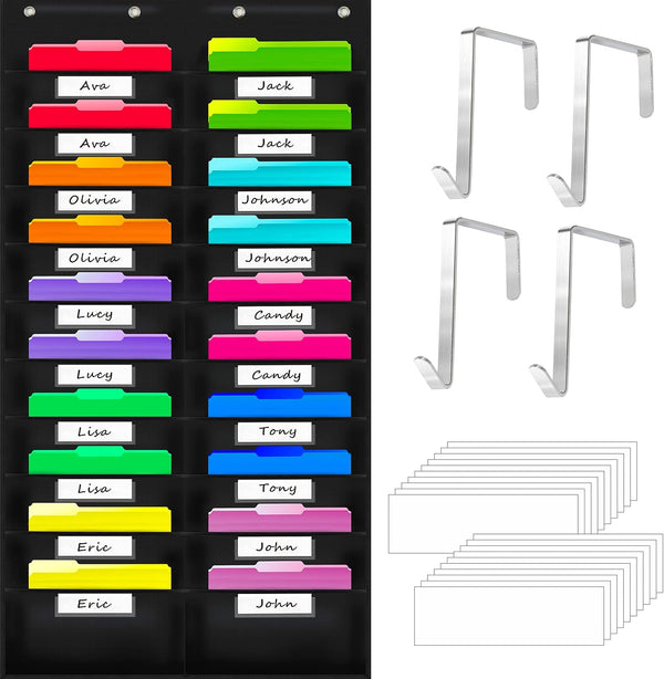 Nylon Storage Pocket Chart with 20 Name Tag Pockets, Hanging Wall File Organizer, 4 Hooks and 20 Blank Cards for