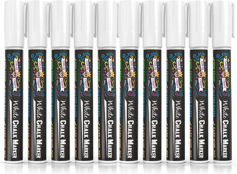 CHALKY CROWN Liquid Chalk Marker Pen, White Dry Erase Marker for Chalkboard Signs, Windows, 10 Pack
