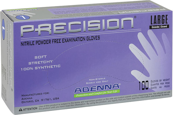 Adenna PCS776 Precision 4 mil Powder-Free Nitrile Exam Gloves, Large, Box of 100