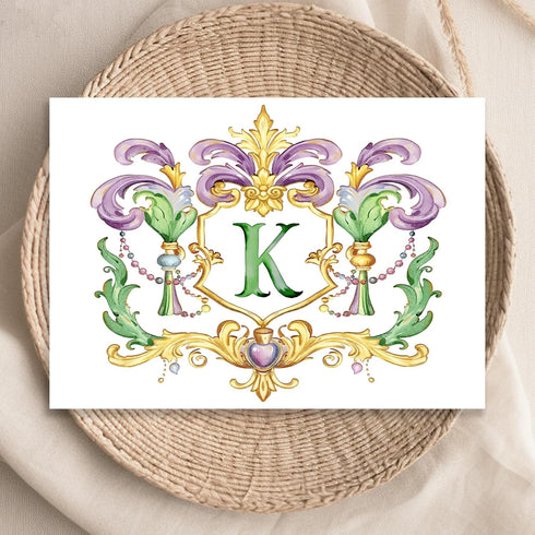 Designing Moments Monogrammed 25-17 Custom Mardi Crest Monogram Folded Note Cards, Watercolor Mardi Gras Green