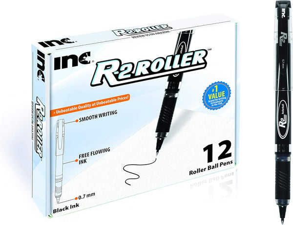 Inc. R2 Rollerball Pens - 0.7 mm Medium-Point Pen Set with Comfort Grip, 12 Pack, Black Ink