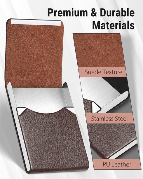 MaxGear Business Card Holder, PU Leather & Stainless Steel Case for Men or Women, RFID Blocking, Coffee