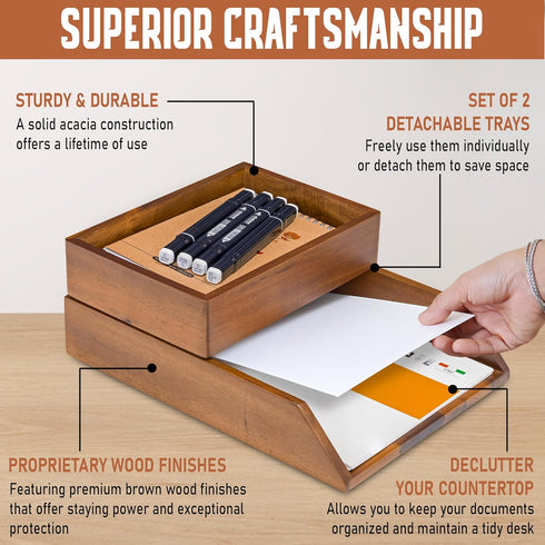 Demigo Desk Organizer Letter Tray, Set of 2 Acacia Wood for Storage Paper Letter Folders