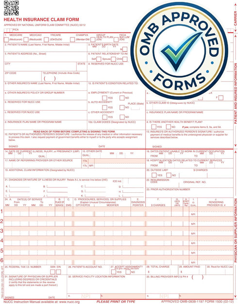 CMS 1500 500 1500 02/2012 Claim Forms - Sheets | New Version HCFA Revision | Laser & Inkjet Compatible Health Insurance