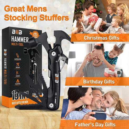13 1 Hammer BIIB Gifts for Men, in Multitool Camping Accessories, Mens Gifts for Dad Him Boyfriend, Anniversary