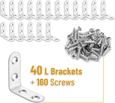 40 Pack 160 1.5"x1.5", Bates- L Brackets for Wood, with pcs Screws, Stainless Steel, L Brackets for Shelves, Corner