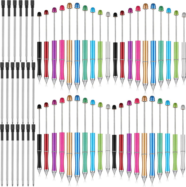 Chivao Metal Beadable Pens Bulk, Assorted Colors Ballpoint Pens with Refills, Black Bling Ink Pens for Kids Gift