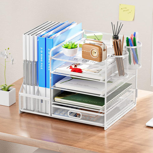 Marbrasse Desk Organizer with File Holder, 5-Tier Paper Letter Tray Organizer with Drawer, White Mesh Desktop Storage